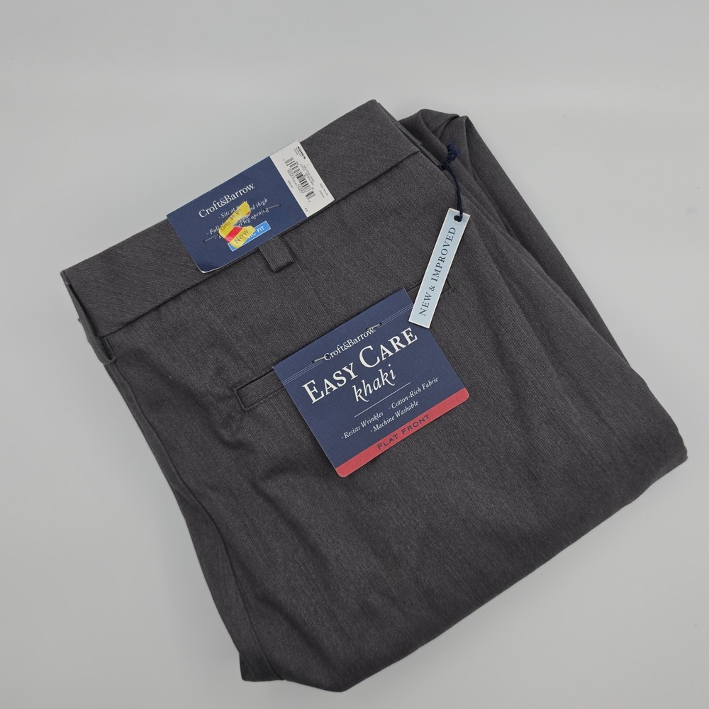 Croft Barrow Easy Care Khaki Pants Mens 34x32 Gray NEW Flat Front Classic Fit